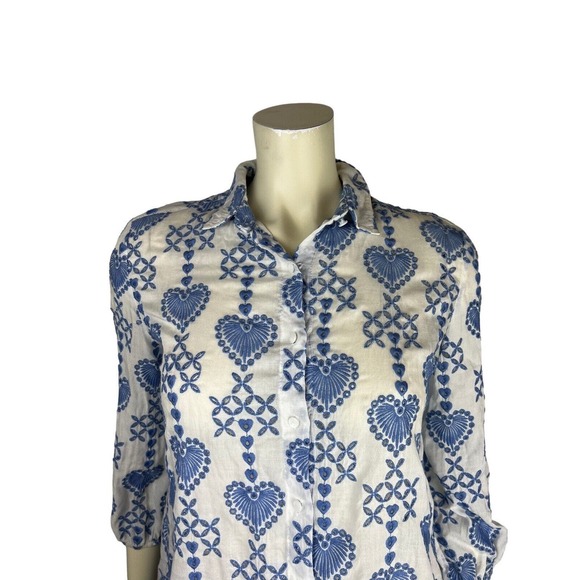 Johnny Was Jade Heart Embroidered Top Size XS Maeve Button Down White Blue Boho - Picture 5 of 12